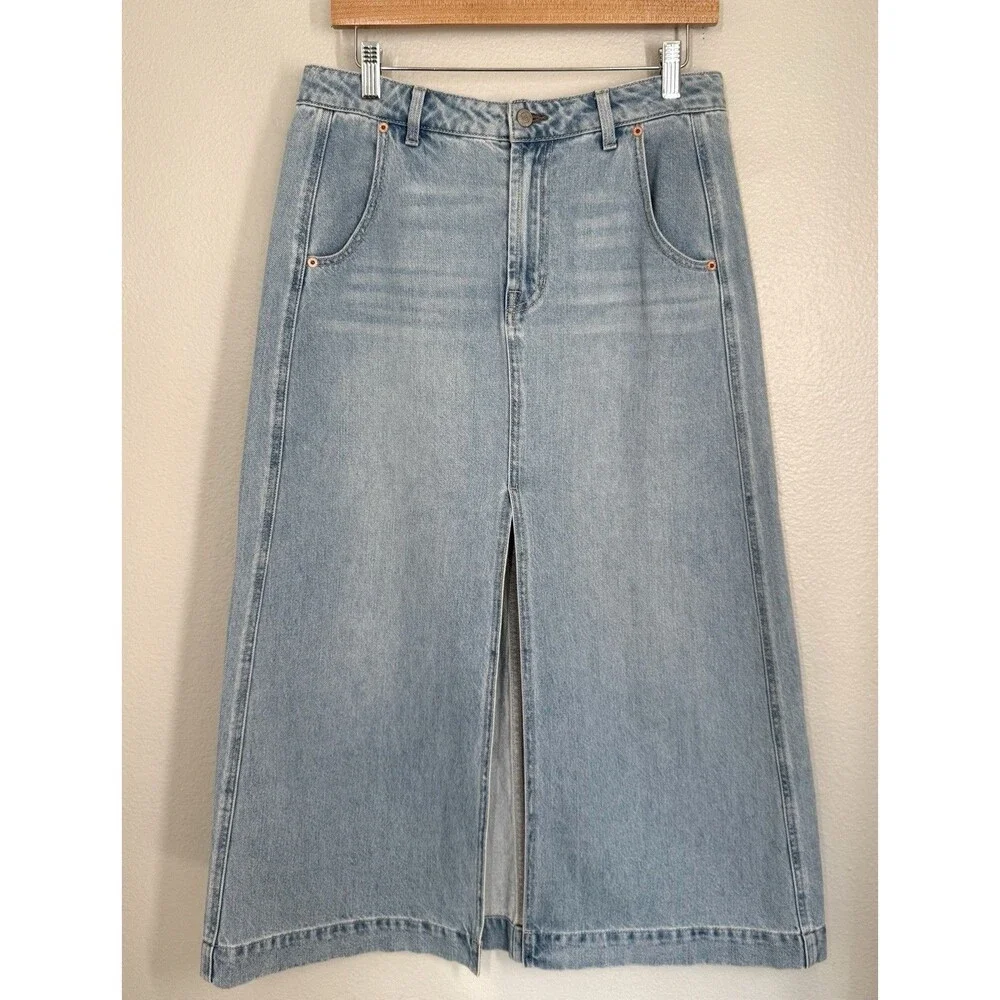NWOT FRYE‎ Denim Mid Rise Midi Skirt Size 28 Light Wash Split Preppy Grunge 90s